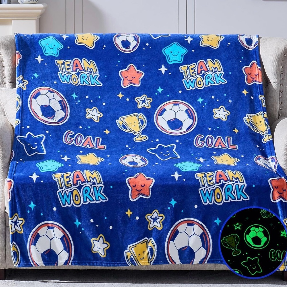 Soccer Glow In The Dark Extremely Soft 60”x50” Blanket. Soccer Fans Will Love It
